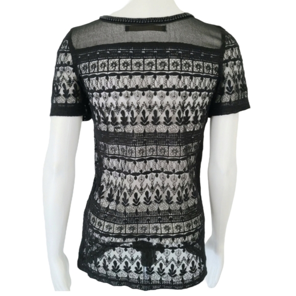 ZARA Black Crochet Lace Tee XS Beaded Neckline Sheer Mesh Nylon Punk Goth - Picture 4 of 14